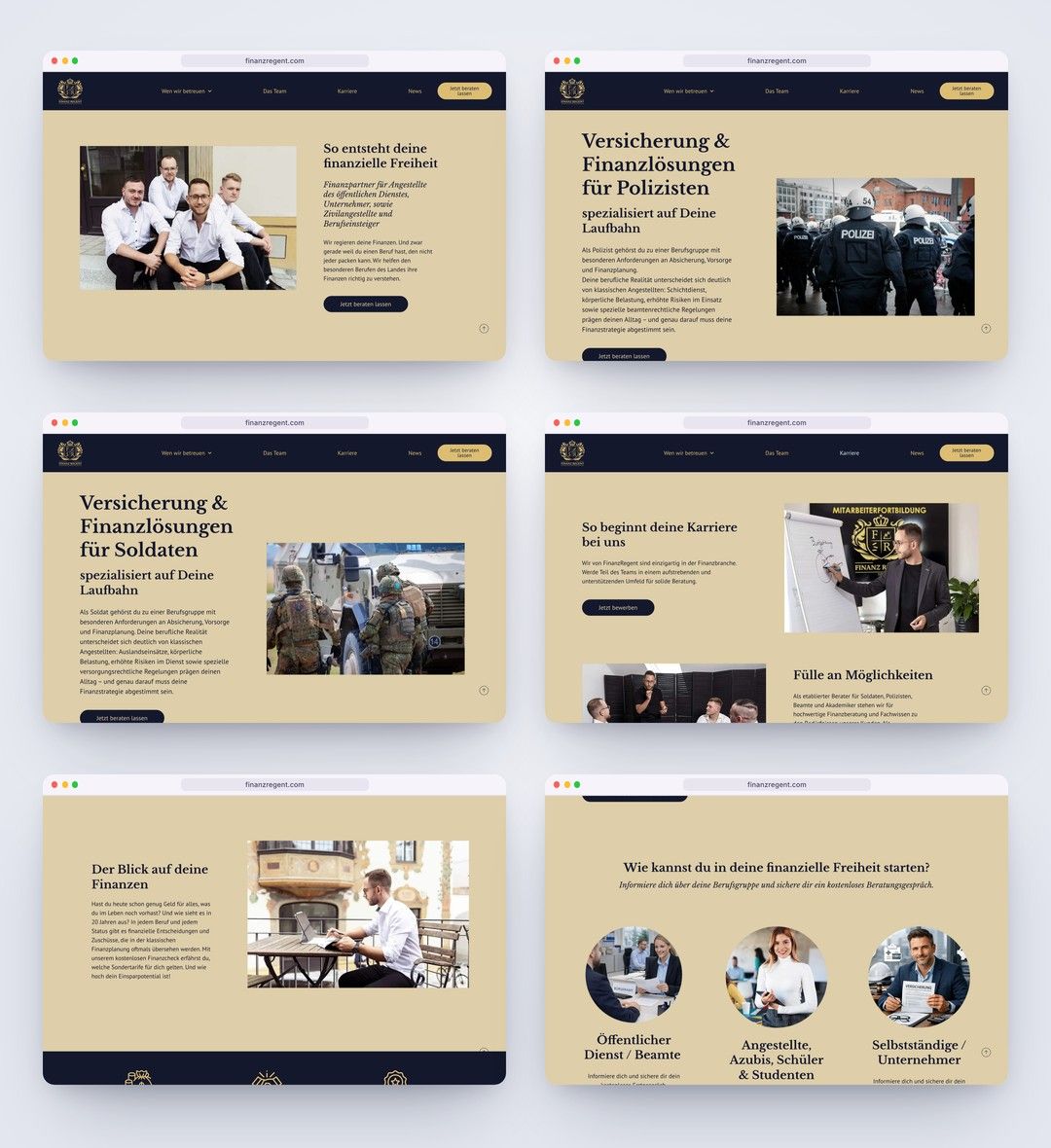 Webdesign für FinanzRegent: sechs Seitenansichten