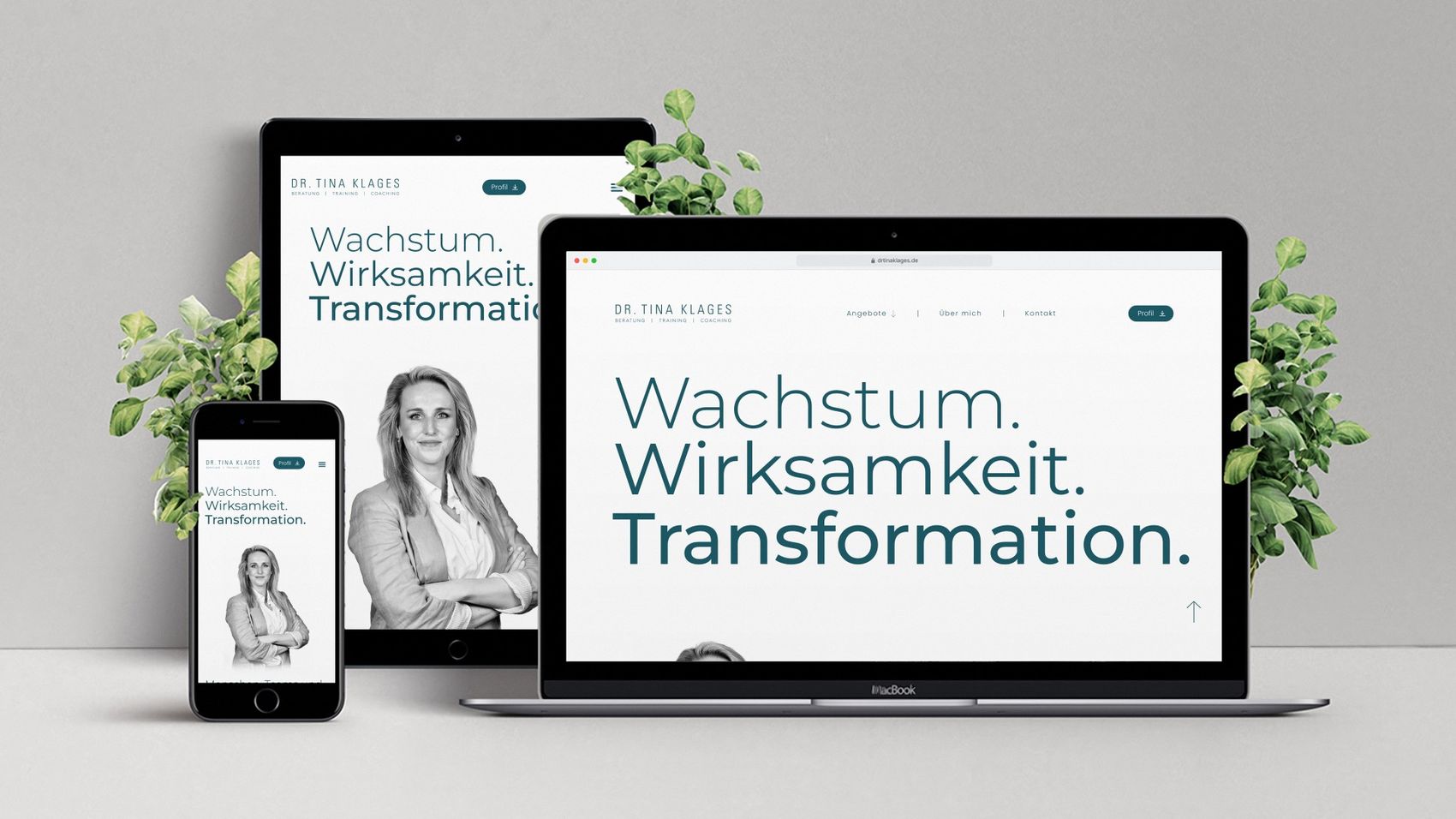 Webdesign für Dr. Tina Klages auf Laptop, Tablet und Smartphone