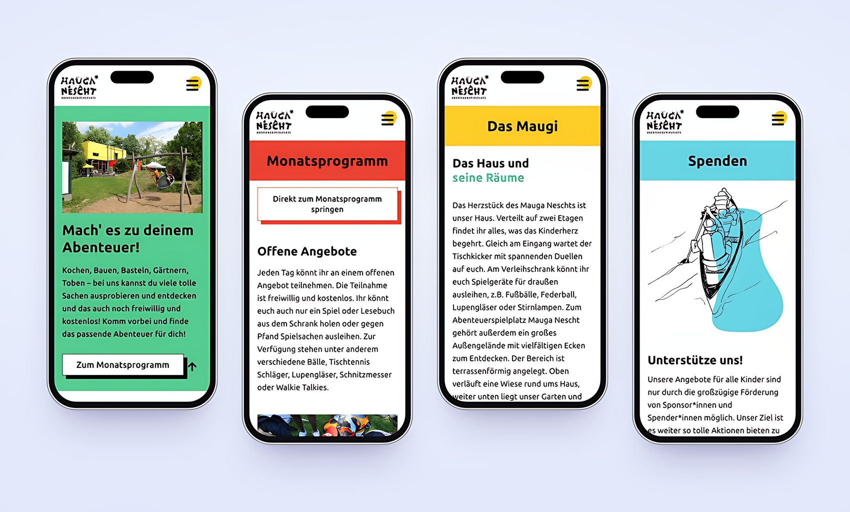Mobile Website von Maugi e.V. auf drei Smartphones