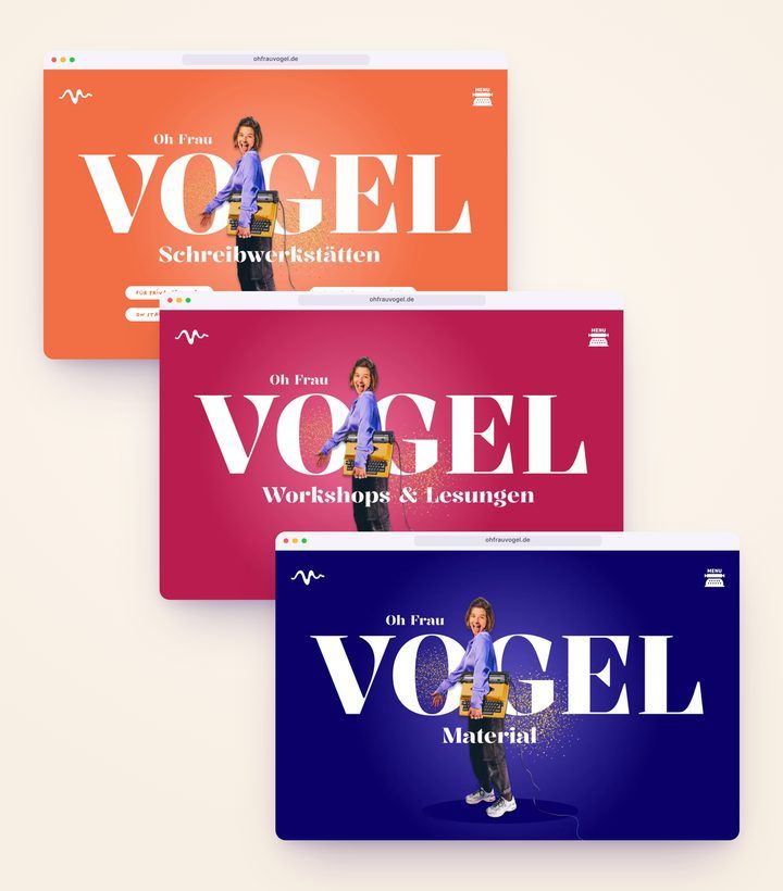 Webdesign für Oh Frau Vogel: Website in drei Farbwelten